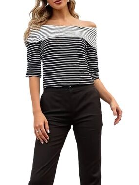 Max Studio Black & White Striped Off Shoulder Knit Top Size Large